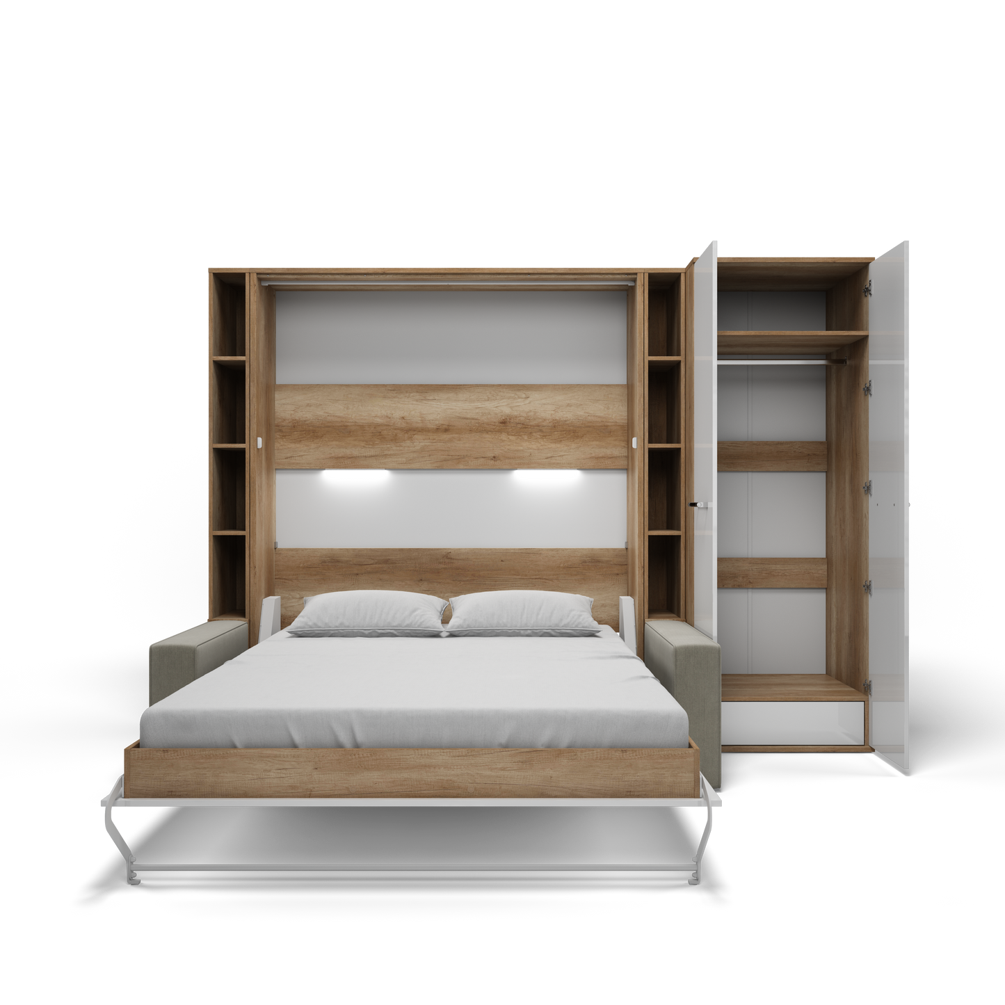 Maxima House Vertical Queen size Murphy Bed Invento with a Sofa, two Cabinets and Wardrobe