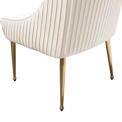 Set of (2) Quinn Dining Chairs w/ Vertical Outside Pleat Detail and Contoured Arm in Cream Velvet w/ Brushed Gold Metal Leg by Diamond Sofa