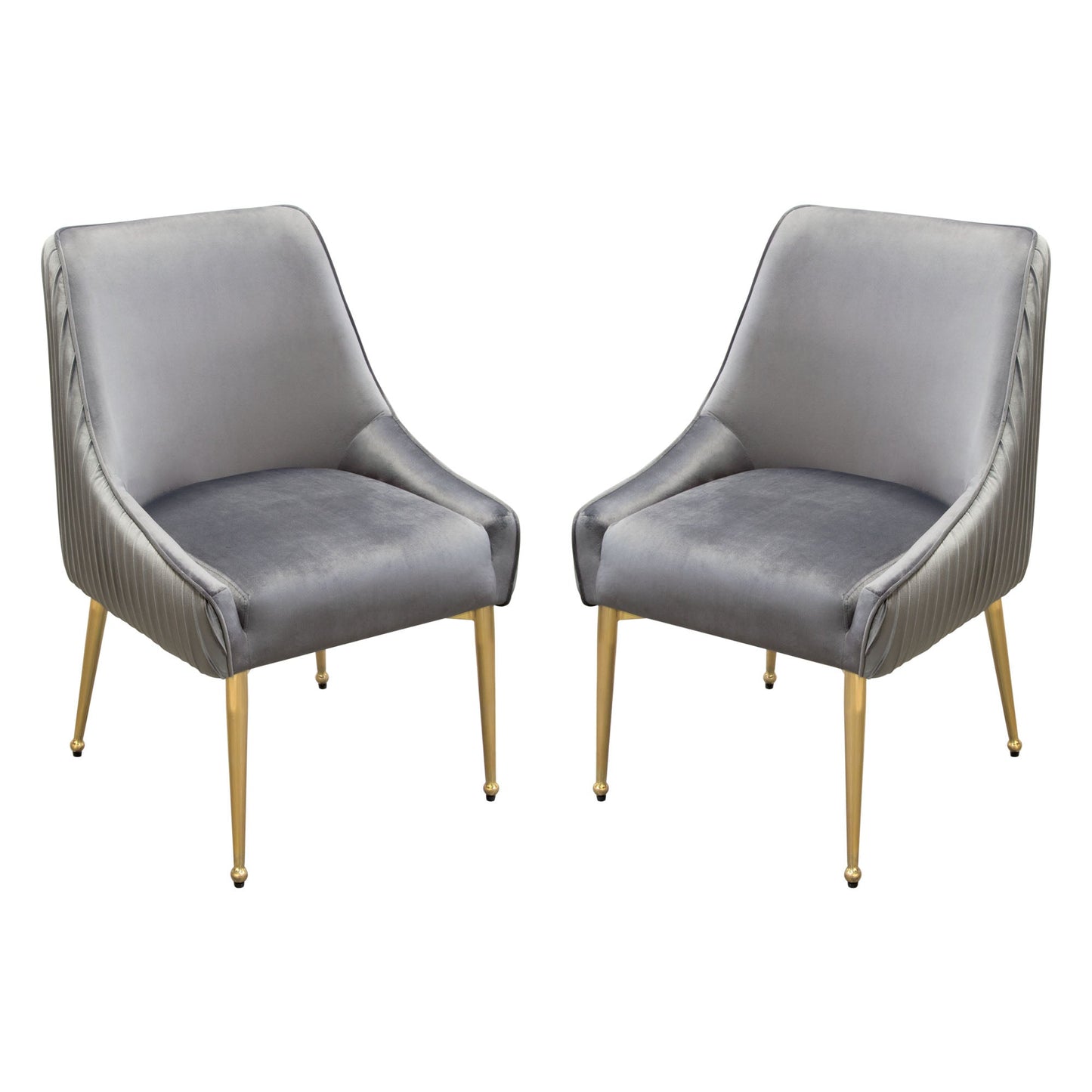 Set of (2) Quinn Dining Chairs w/ Vertical Outside Pleat Detail and Contoured Arm in Grey Velvet w/ Brushed Gold Metal Leg by Diamond Sofa