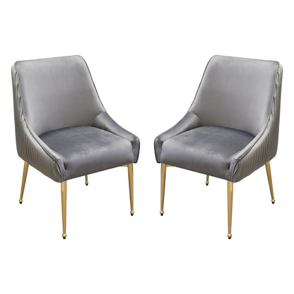 Set of (2) Quinn Dining Chairs w/ Vertical Outside Pleat Detail and Contoured Arm in Grey Velvet w/ Brushed Gold Metal Leg by Diamond Sofa
