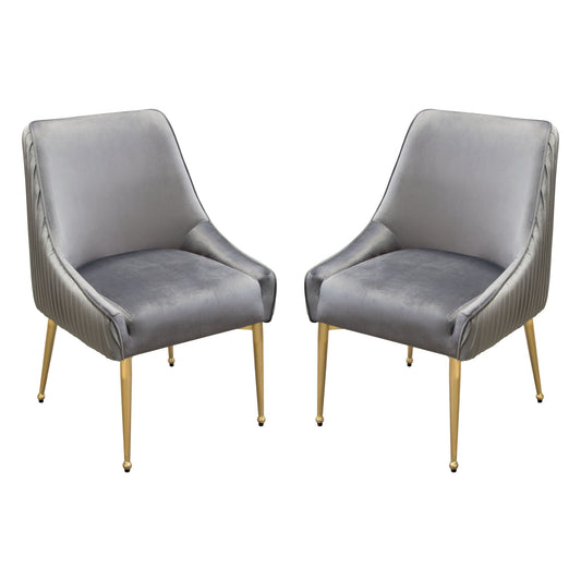 Set of (2) Quinn Dining Chairs w/ Vertical Outside Pleat Detail and Contoured Arm in Grey Velvet w/ Brushed Gold Metal Leg by Diamond Sofa