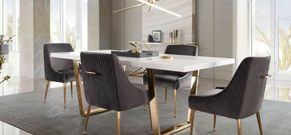Set of (2) Quinn Dining Chairs w/ Vertical Outside Pleat Detail and Contoured Arm in Grey Velvet w/ Brushed Gold Metal Leg by Diamond Sofa