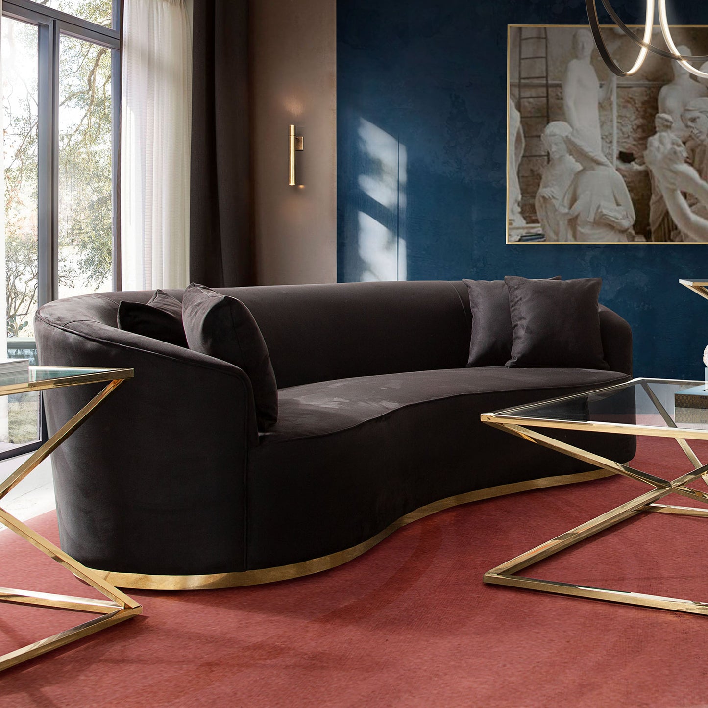 Raven Sofa in Black Suede Velvet w/ Brushed Gold Accent Trim by Diamond Sofa