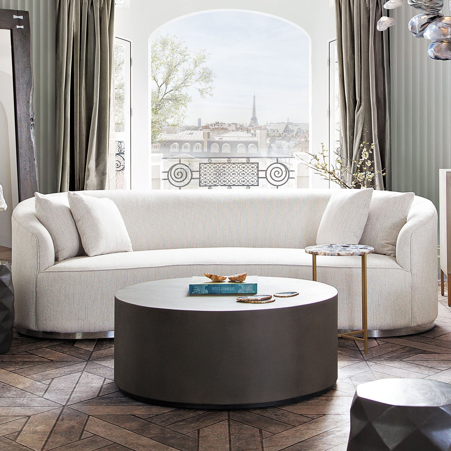 Raven Sofa in Light Cream Fabric w/ Brushed Silver Accent Trim by Diamond Sofa