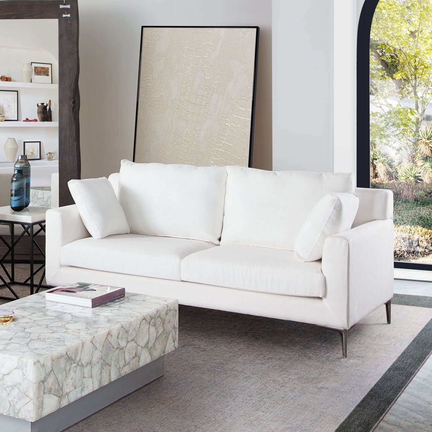 Seattle Loose Back Loveseat in White Linen w/ Polished Silver Metal Leg by Diamond Sofa