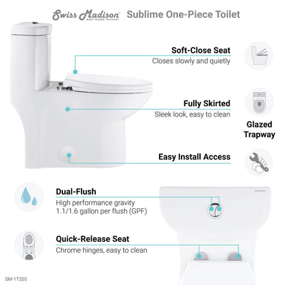 Swiss Madison Sublime One Piece Elongated Toilet Dual Flush, Rose Gold Hardware 1.1/1.6 gpf