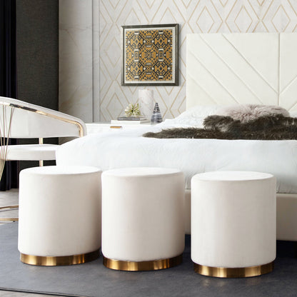 Sorbet Round Accent Ottoman in Cream Velvet w/ Gold Metal Band Accent by Diamond Sofa