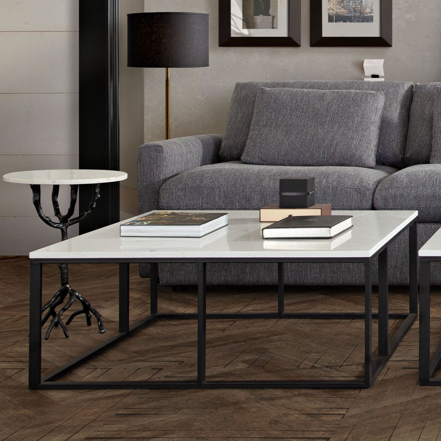 Surface Square Cocktail Table w/ Engineered Marble Top & Black Powder Coated Metal Base by Diamond Sofa