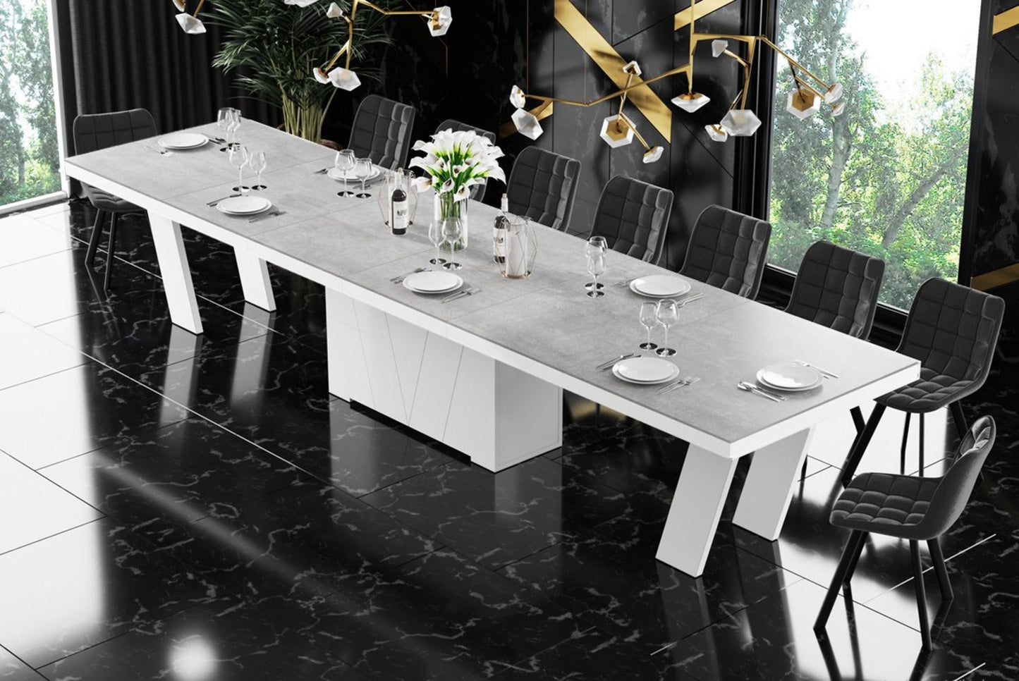 Maxima House Dining Set ALETA 11 pcs. modern gray stone/ white Dining Table with 10 chairs