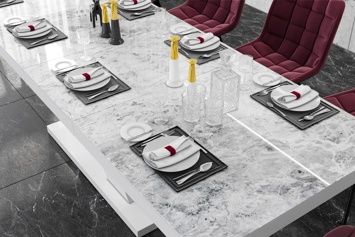 Maxima House Dining Set XENNA, Marble/ White Dining table with 6 Red Chairs