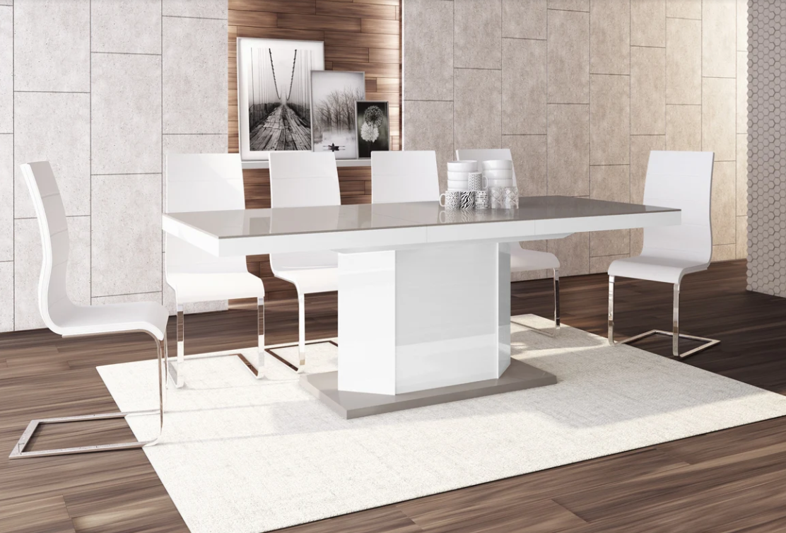 Maxima House Dining Set DIEGO Beige/ White modern glossy Dining Table with 2 extensions plus 6 White chairs