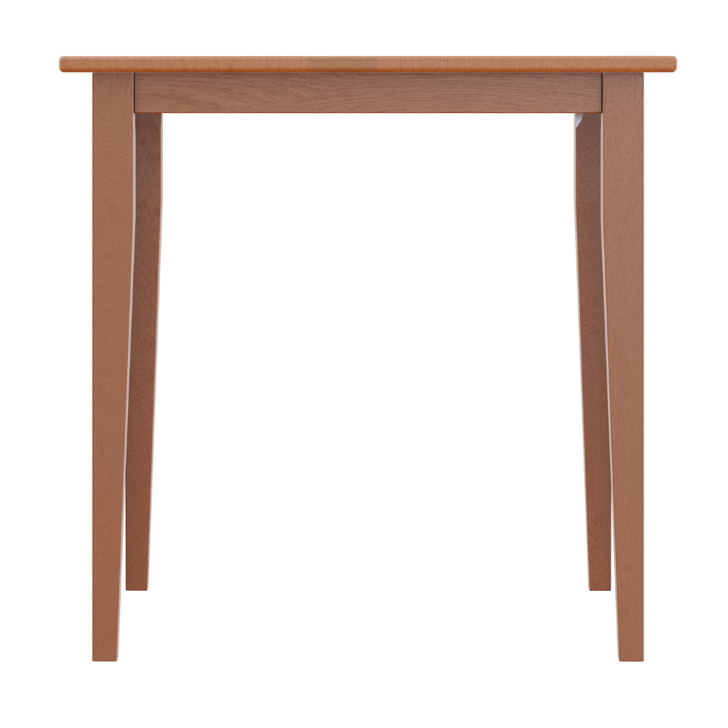 Square oak wood dining table with shaker legs and a light oak finish, accommodating up to four people.