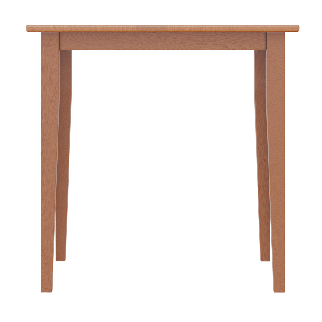 Square oak wood dining table with shaker legs and a light oak finish, accommodating up to four people.