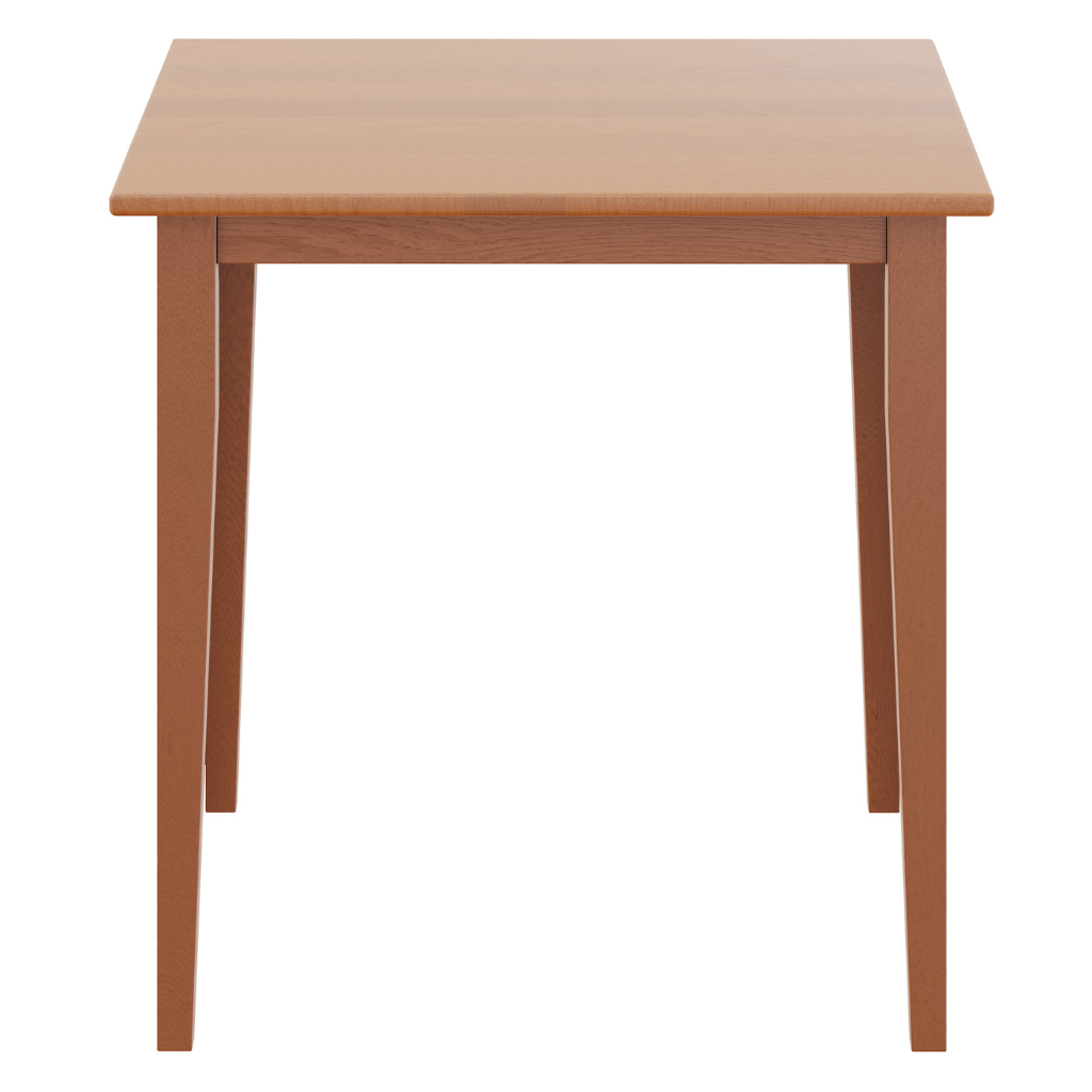 Square oak wood dining table with shaker legs and a light oak finish, accommodating up to four people.