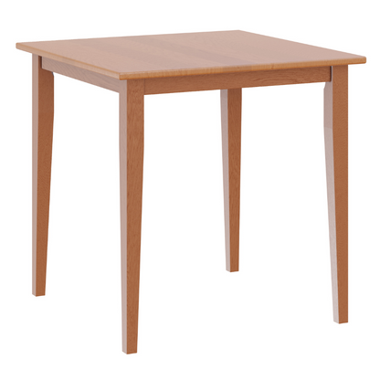 Square oak wood dining table with shaker legs and a light oak finish, accommodating up to four people.