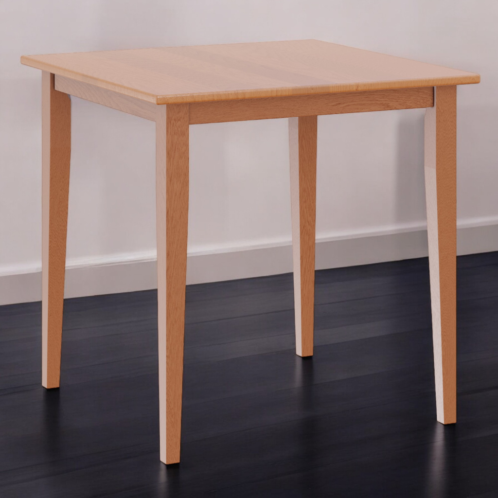 Square oak wood dining table with shaker legs and a light oak finish, accommodating up to four people.