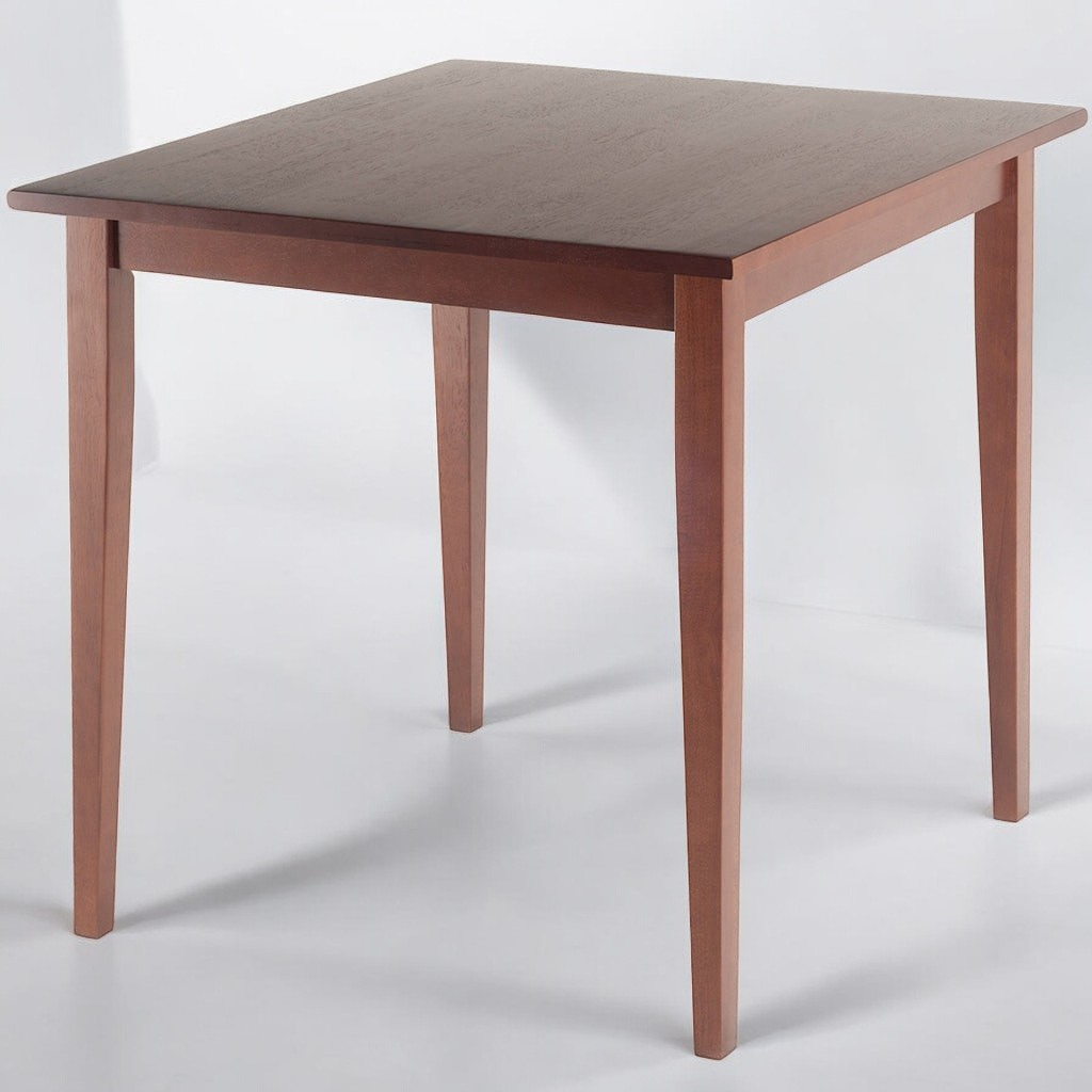 Square walnut wood dining table with shaker legs and a rich walnut finish, ideal for compact spaces.