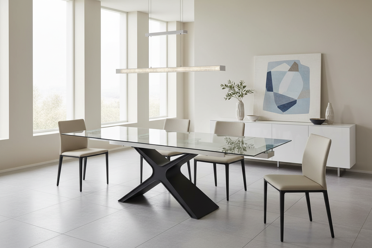 Tabselect Glass Extendable Dining Table With Metal Base