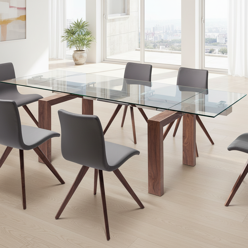 Tabselect Glass Top Extendable Dining Table With Wooden Legs