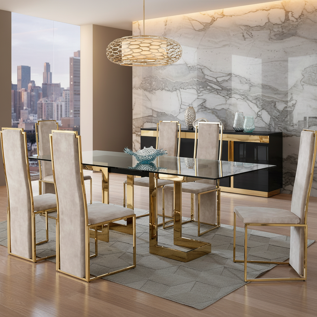 Modern dining room with a glass table and gold chairs in a stylish interior.
