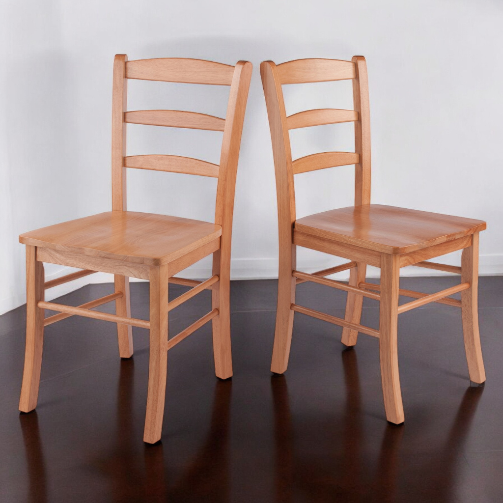 Solid oak wood dining chairs with a classic ladder-back design and light oak finish, set of 2