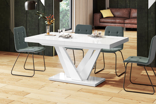 Maxima House Dining Set CHARA 7 pcs. white modern glossy Dining Table with 2 self-starting leaves plus 6 chairs