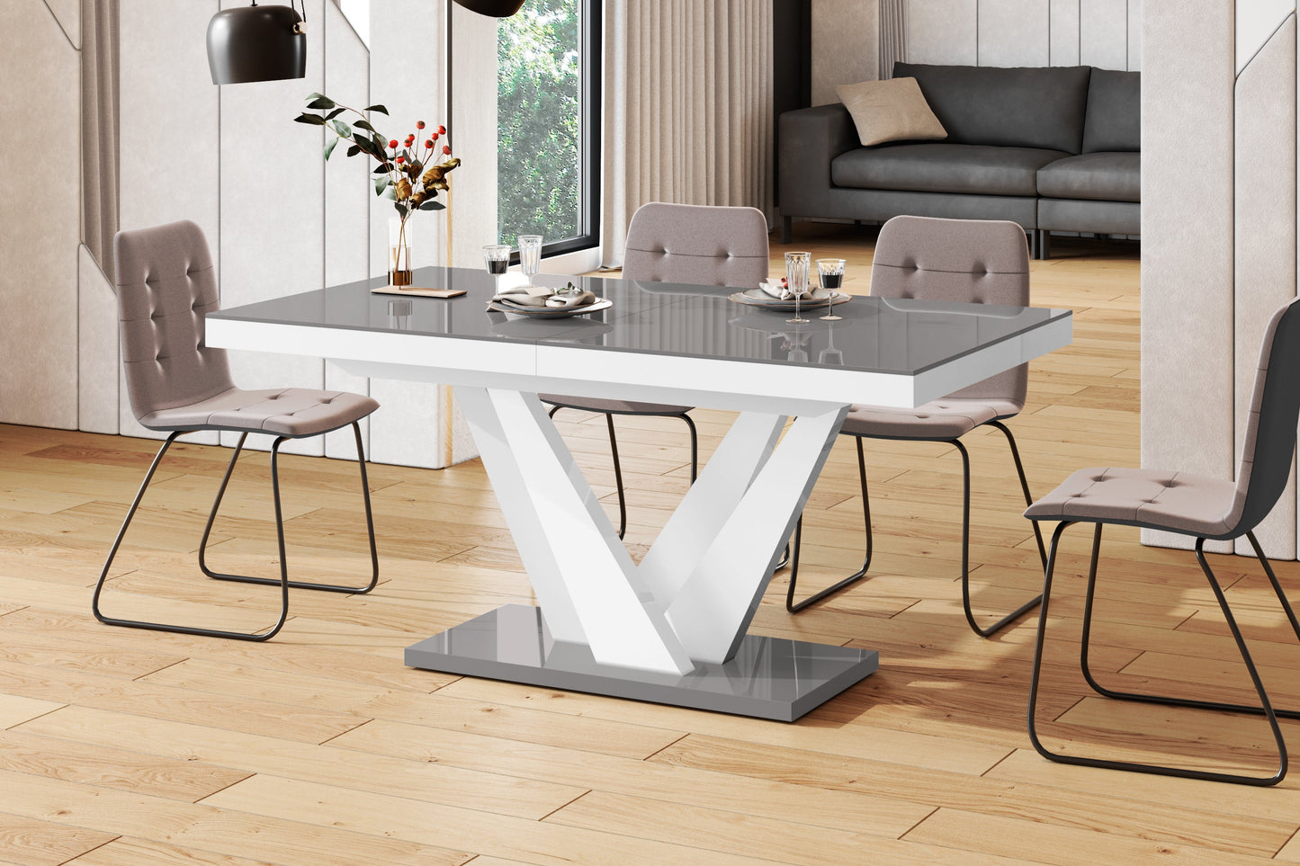 Maxima House Dining Set CHARA 7 pcs. gray/white modern glossy Dining Table with 2 self-storing leaves plus 6 chairs