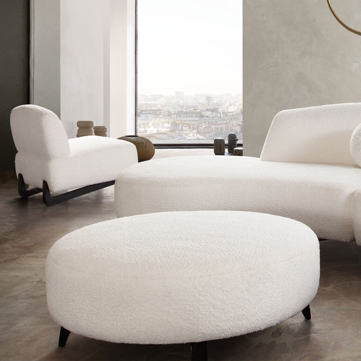 Vesper Round Ottoman in Faux White Shearling w/ Black Wood Leg Base by Diamond Sofa