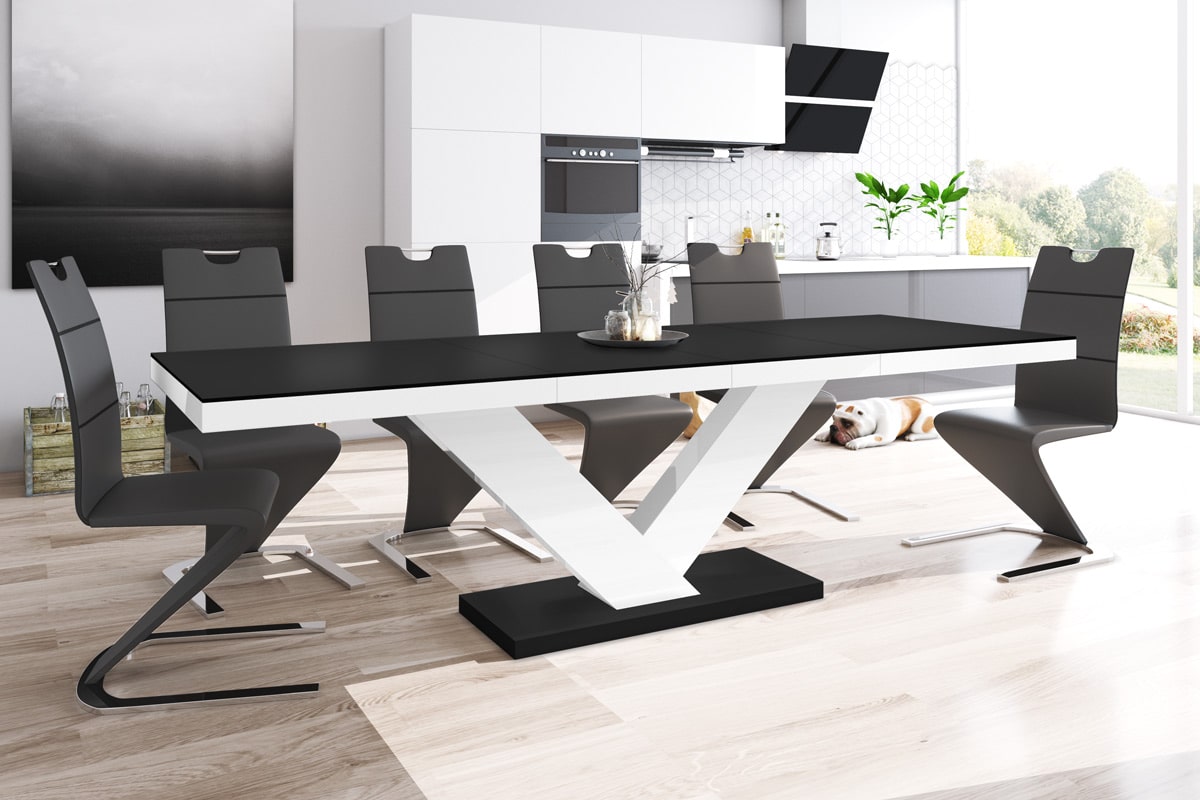 Maxima House TORIA Dining Set 7 pcs. modern black/white glossy Dining Table with 6 black chairs