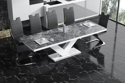 Maxima House Dining Set TORIA 7 pcs. modern glossy Dining Table with 2 self-storing leaves plus 6 black chairs