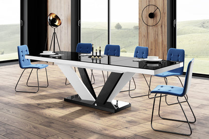 Maxima House Dining Set AVIVA 7 pcs. modern glossy Black/ White Dining Table with 6 Blue chairs