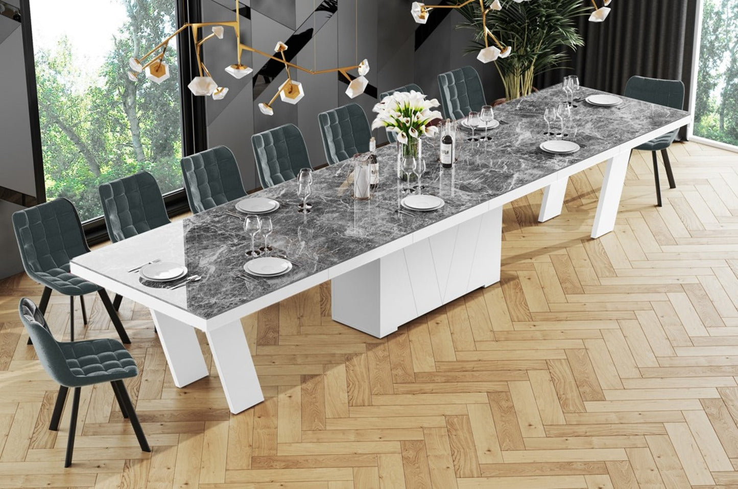 Maxima House Dining Set ALETA 11 pcs. modern Dark Venatino glossy Dining Table with 10 chairs