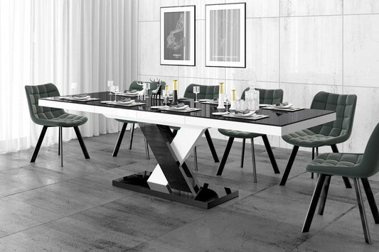 Maxima House Dining Set XENNA, Black/ White Dining table with 6 Green Dining chairs