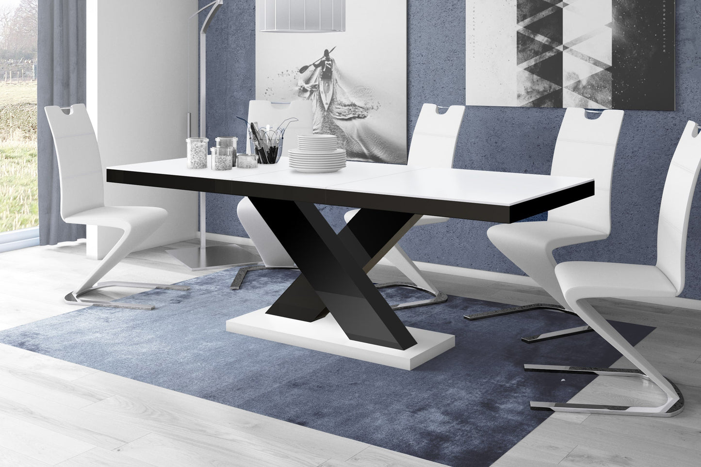 Maxima House Dining Set XENA, white/ black Dining table with 6 white chairs