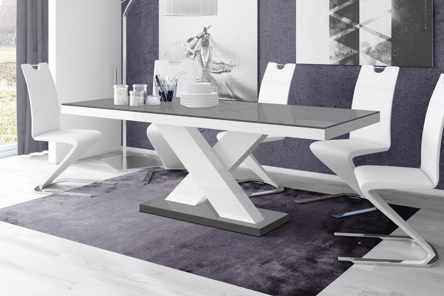 Maxima House DINING SET XENA GRAY/WHITE MODERN GLOSSY DINING TABLE + 6 WHITE FAUX LEATHER CHAIRS