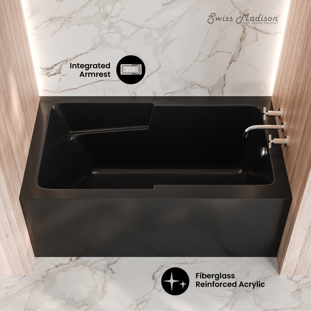 Swiss Madison Voltaire 54 x 30 Skirted Right Drain Soaking Apron Bathtub in Glossy Black with Integrated Armrest