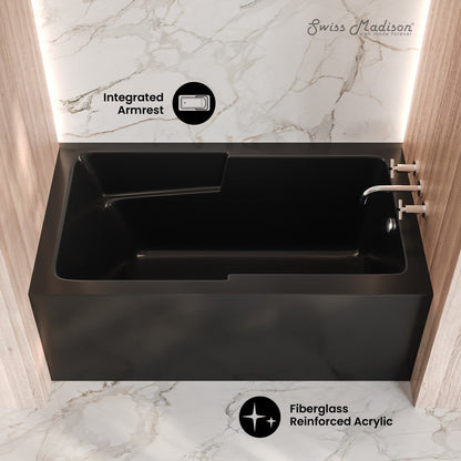 Swiss Madison Voltaire 54 x 30 Skirted Right Drain Soaking Apron Bathtub in Glossy Black with Integrated Armrest