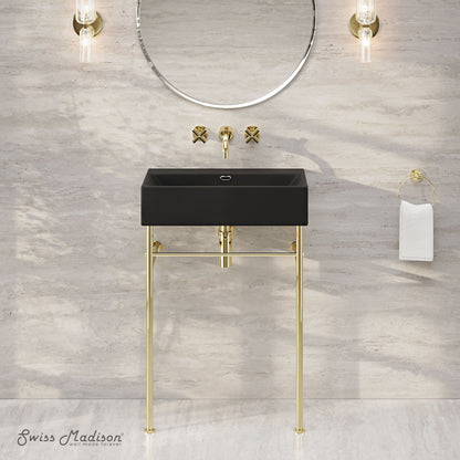 Swiss Madison Claire 24" Rectangle Matte Black Zero Hole Console Sink with Glossy Gold Legs
