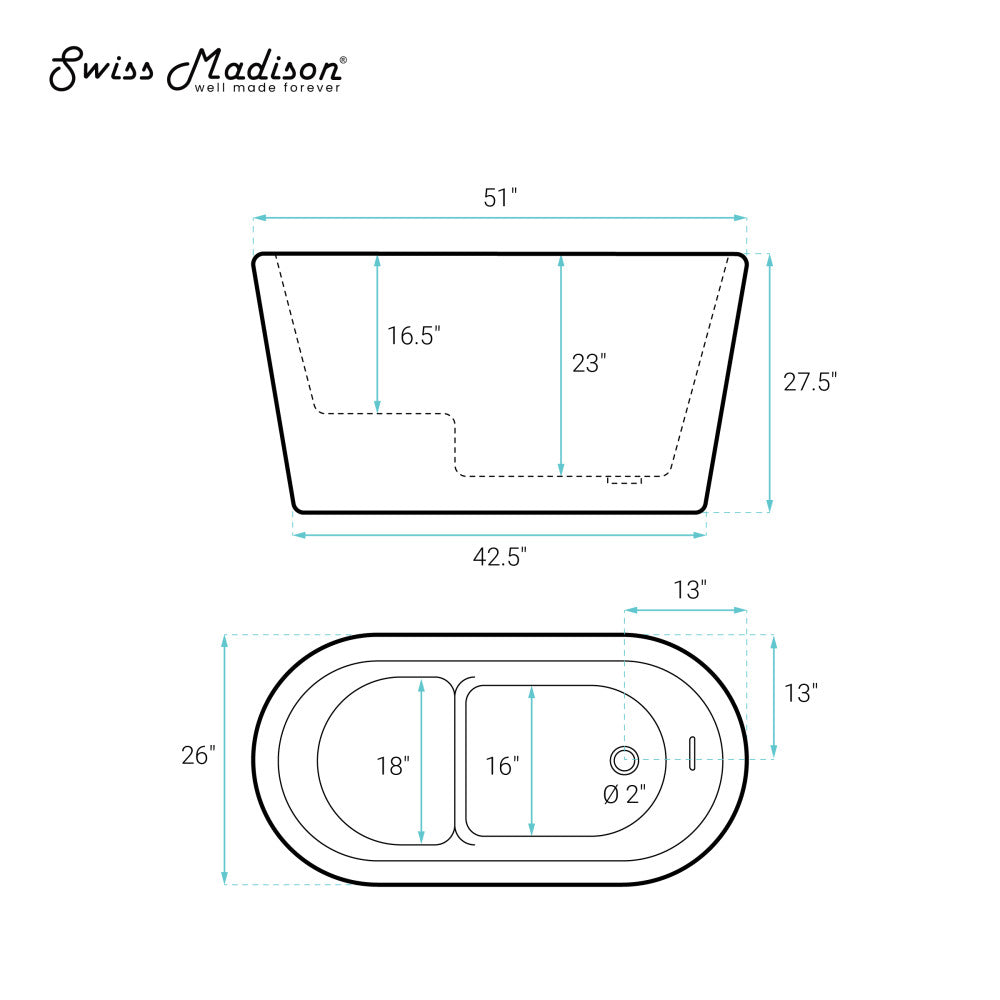 Swiss Madison Nanterre 51" Japanese Soaking Freestanding Bathtub in Glossy White, Drain Included