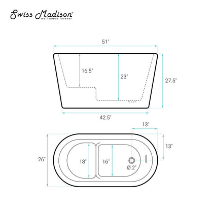 Swiss Madison Nanterre 51" Japanese Soaking Freestanding Bathtub in Glossy White, Drain Included