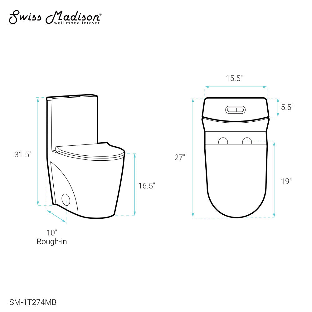 Swiss Madison St. Tropez One Piece Elongated Toilet Dual Vortex Flush 1.1/1.6 gpf with 10" Rough-In, Matte Black