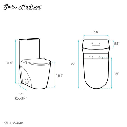 Swiss Madison St. Tropez One Piece Elongated Toilet Dual Vortex Flush 1.1/1.6 gpf with 10" Rough-In, Matte Black