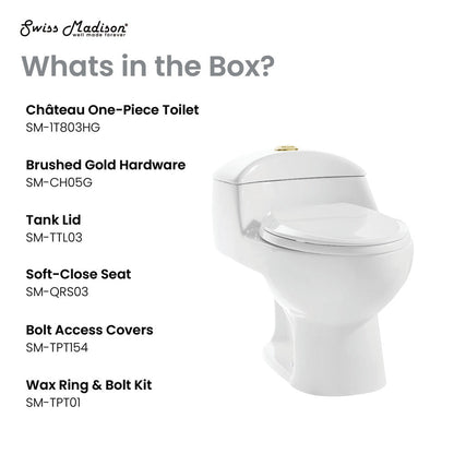Swiss Madison Chateau One Piece Elongated Toilet Dual Flush, Brushed Gold Hardware 1.1/1.6 gpf
