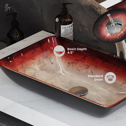 Swiss Madison Cascade Rectangular Glass Vessel Sink with Faucet, Ember Red