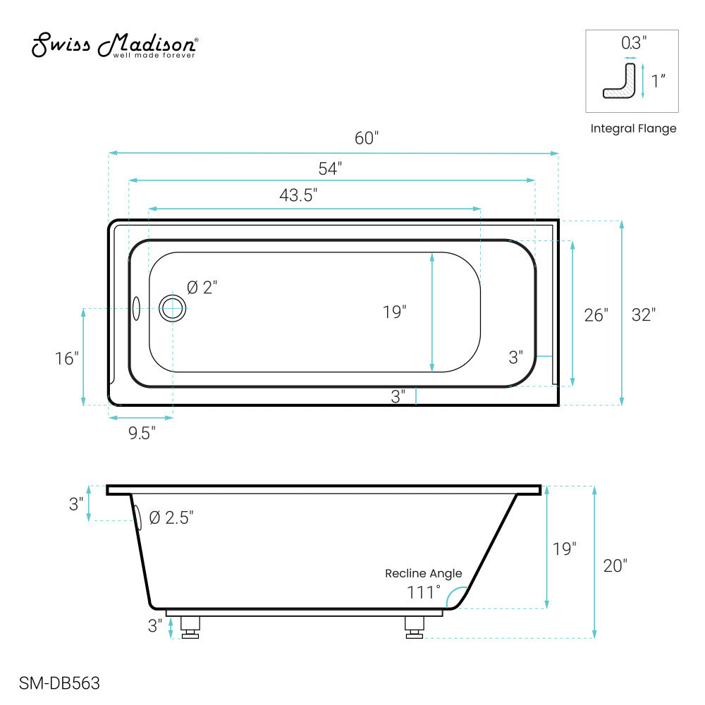 Swiss Madison Voltaire 60" x 32" Left-Hand Drain Alcove Bathtub