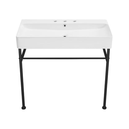 Swiss Madison Carre 36" Console Sink White Basin Black Legs with 8" Widespread Holes