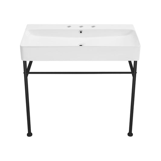 Swiss Madison Carre 36" Console Sink White Basin Black Legs with 8" Widespread Holes