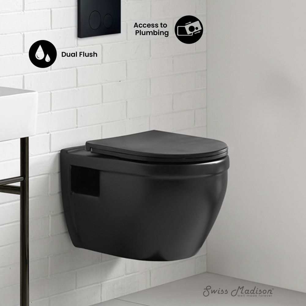 Swiss Madison Ivy Wall-Hung Toilet Bundle 0.8/1.6 GPF Dual Flush in Matte Black with Black Flush Plate