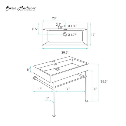 Swiss Madison Claire 40 Ceramic Console Sink White Basin Chrome Legs