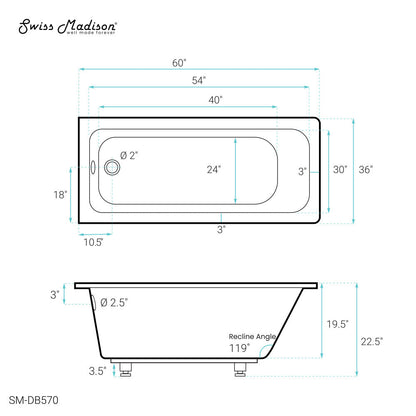 Swiss Madison Voltaire 60" x 36" Reversible Drain Drop-In Bathtub